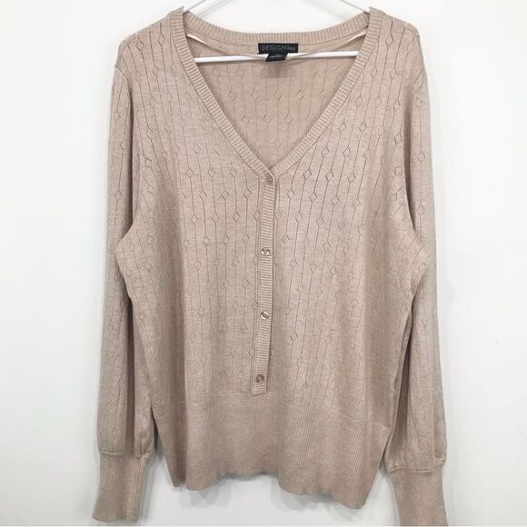 Design 365 Safari Tan Faux Button V Neck Pullover Knit Sweater NEW - Picture 1 of 13